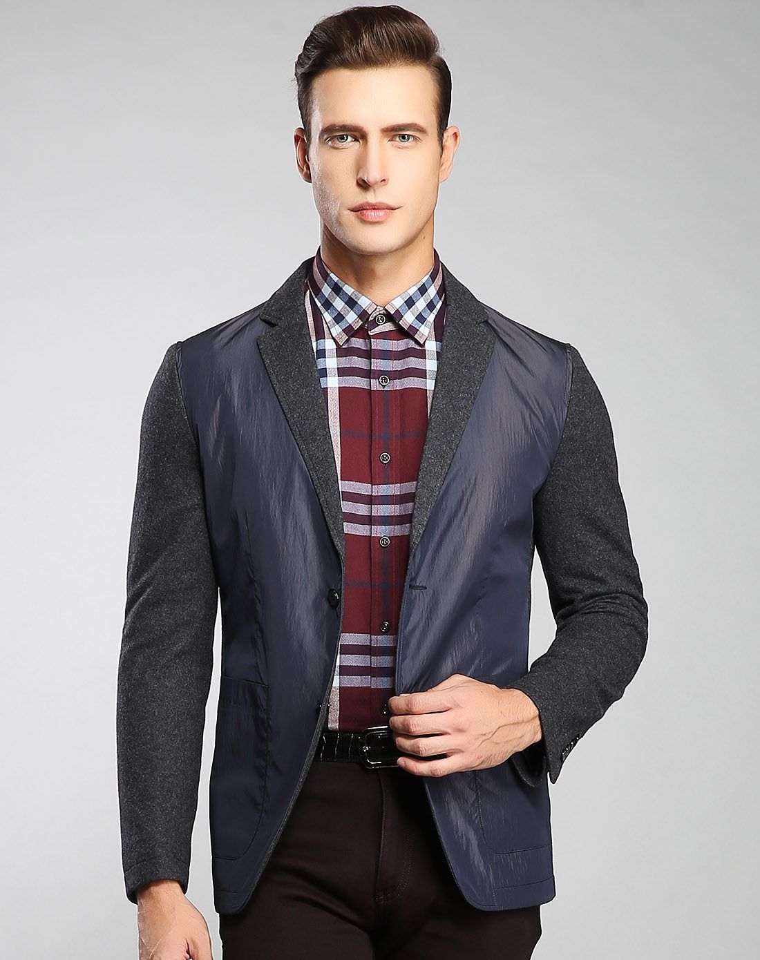 蓝色都市时尚保暖拼袖休闲单西