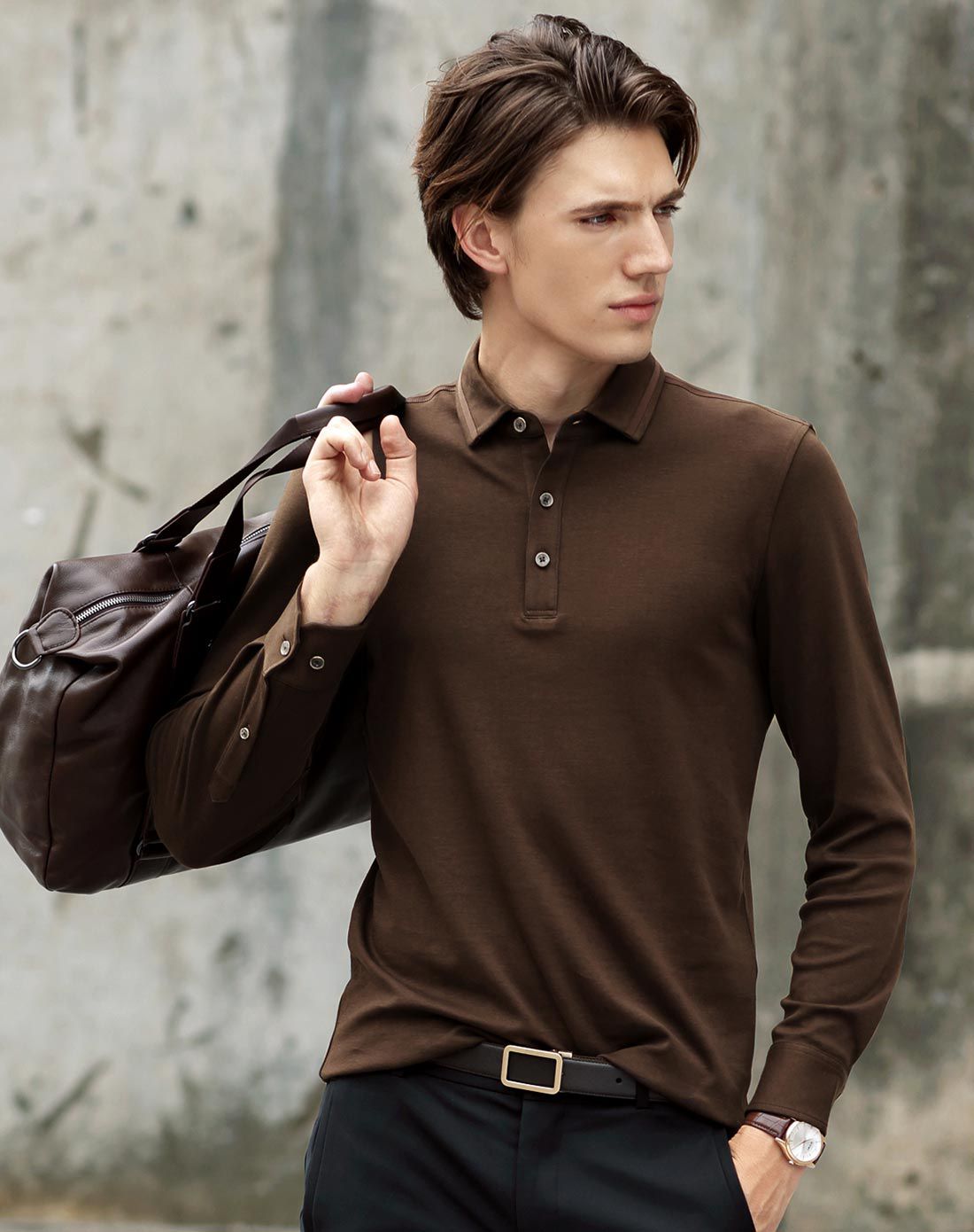 咖啡色男士精致织带纯棉翻领t恤