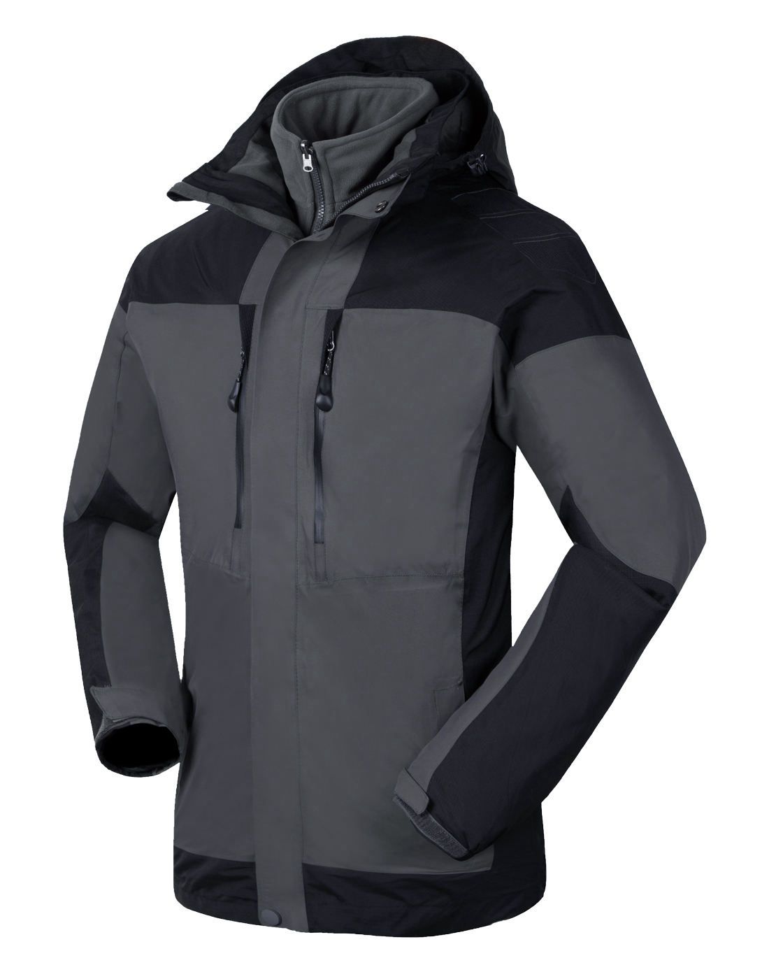 防水舒适 男款深灰色三合一连帽长袖冲锋衣两件套