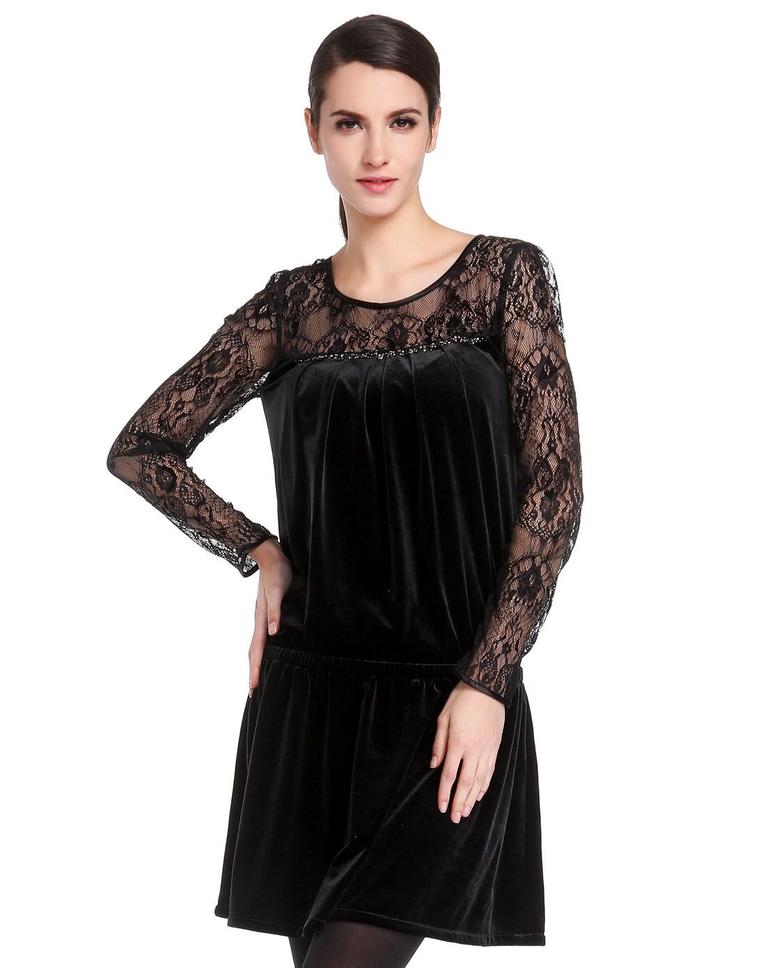 黑色魅力斯文蕾丝拼接长袖连衣裙