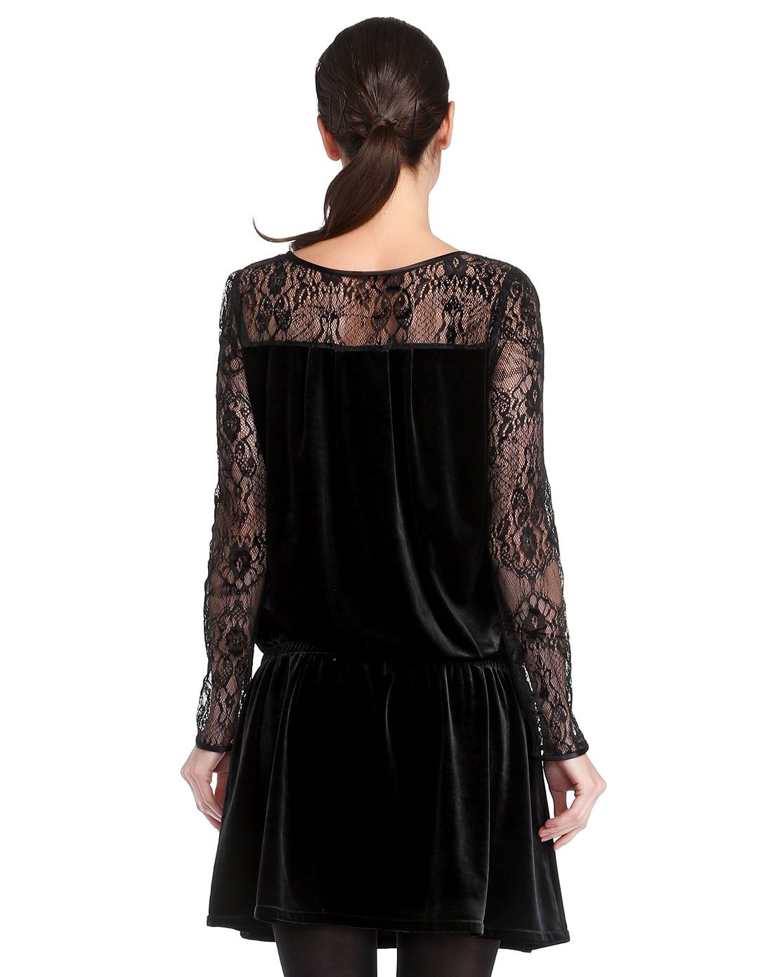 黑色魅力斯文蕾丝拼接长袖连衣裙