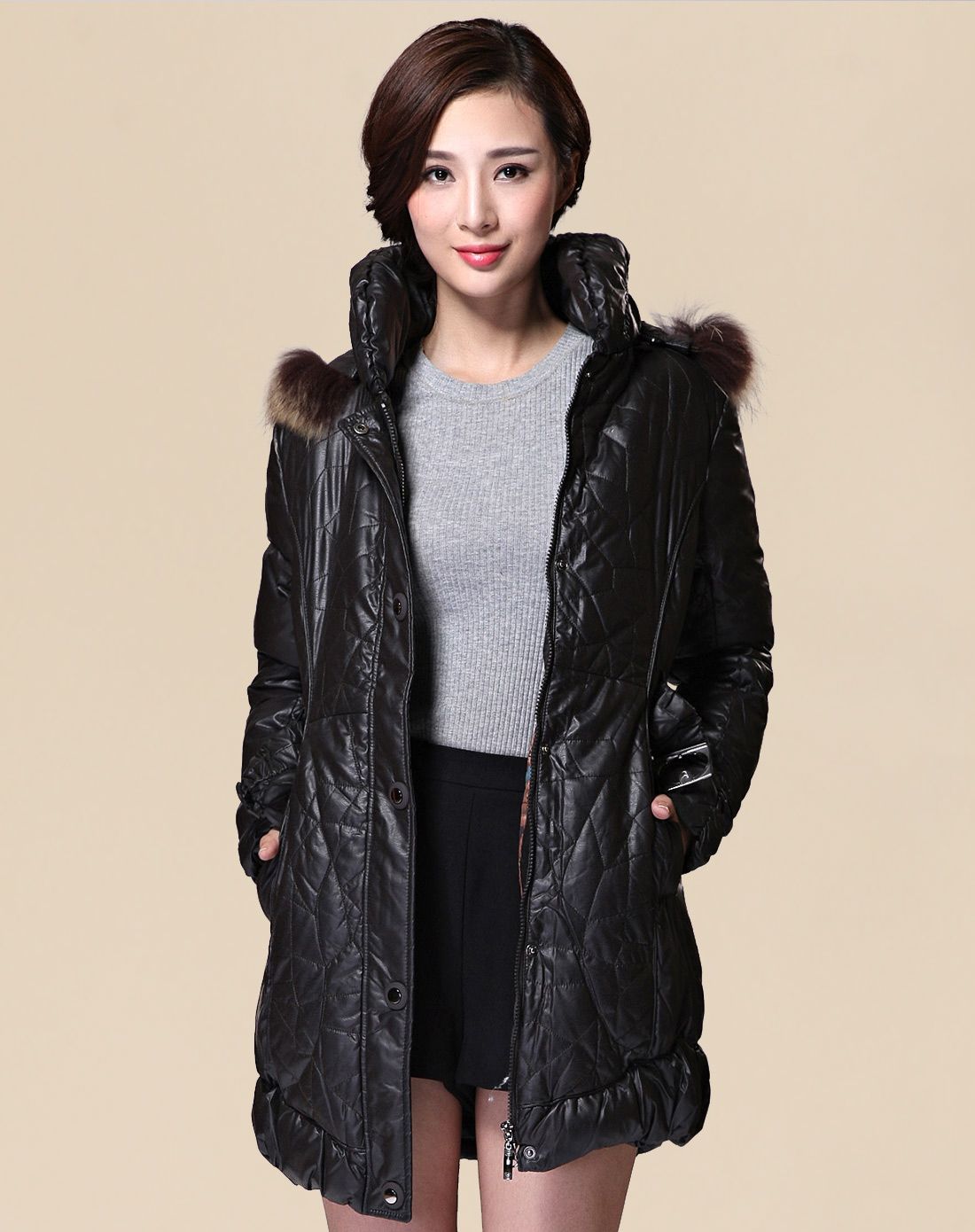 红豆男女混合羽绒专场女款黑色亮面大毛领中长款羽绒服336b01_唯品会