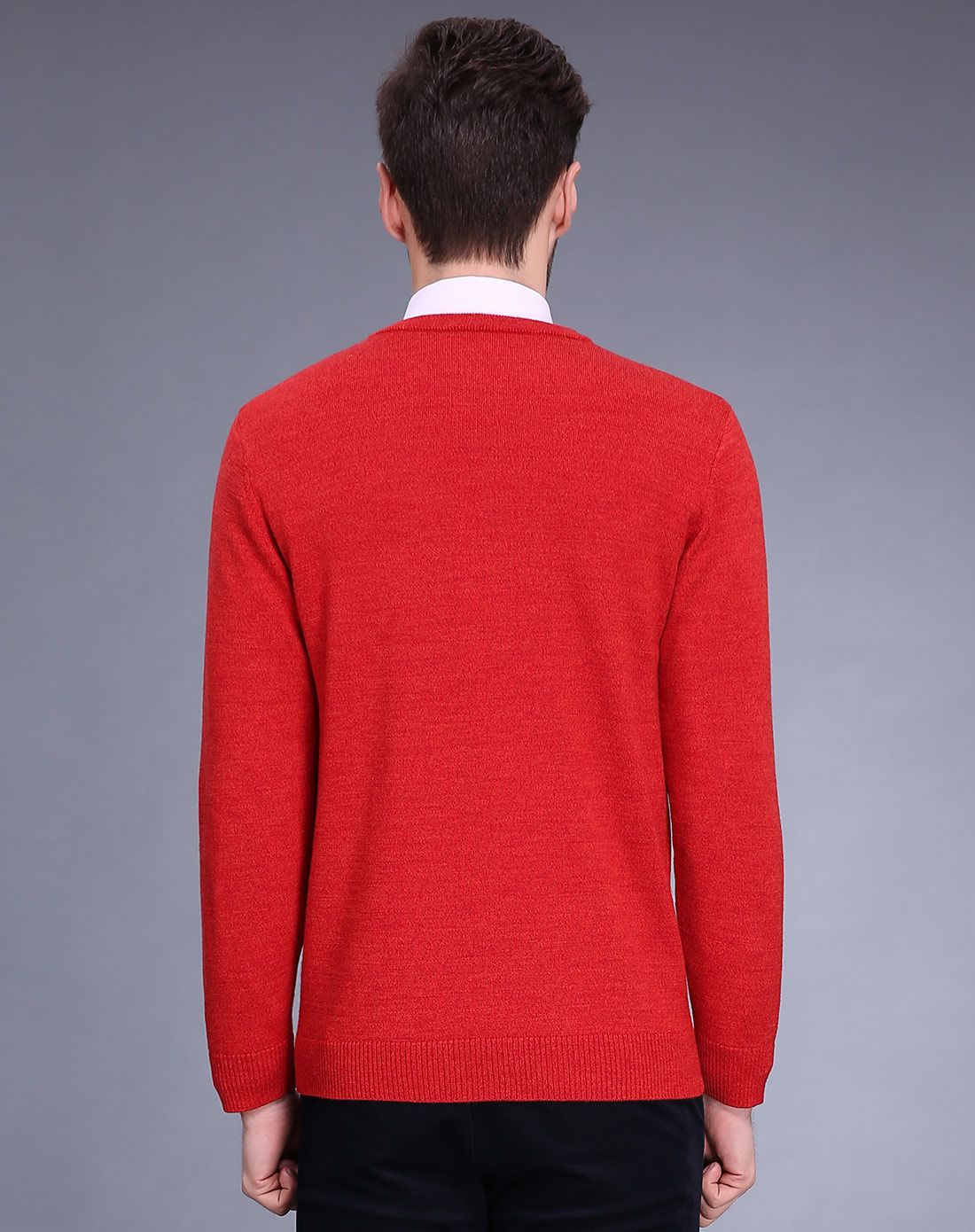 男款西瓜红成熟稳重v领加厚羊毛套衫