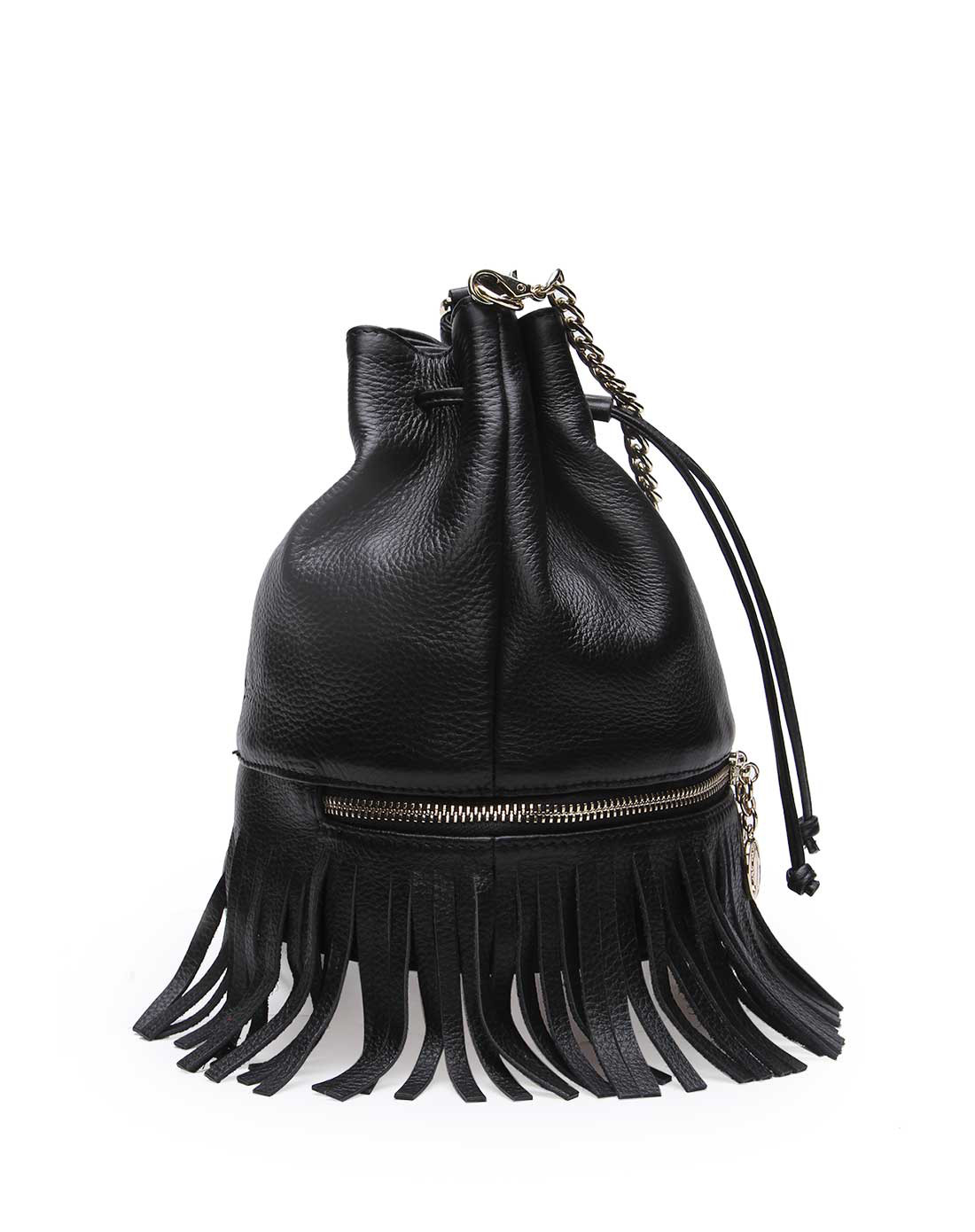 黑色牛皮流苏水桶包手拎斜挎包