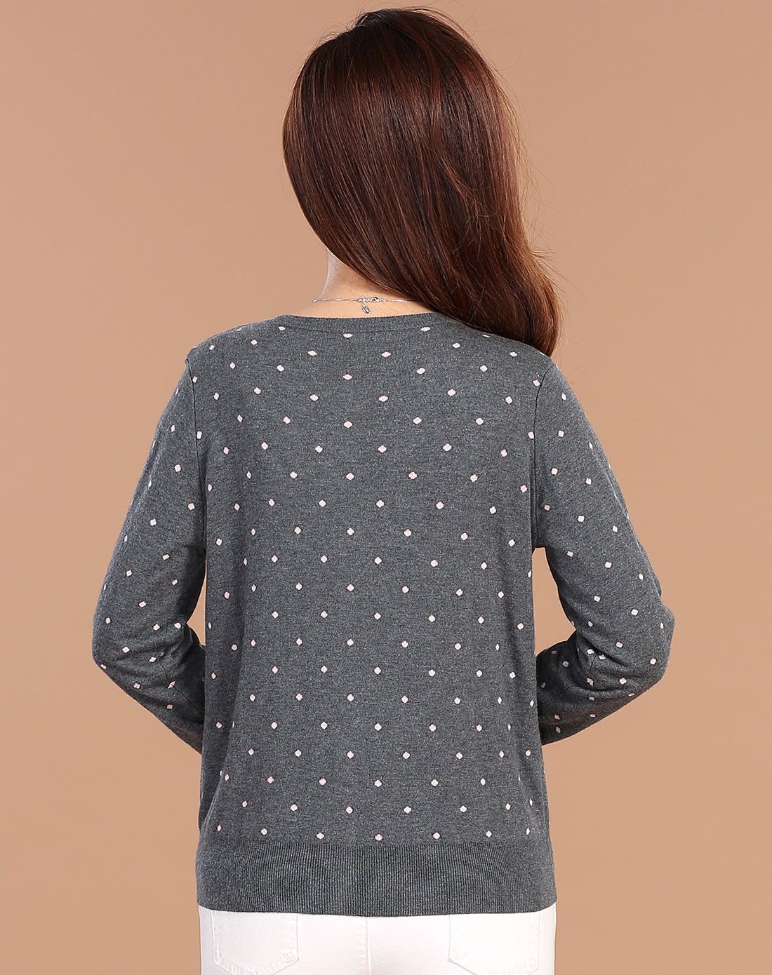 九牧莲jiumulian女款灰色小点桑蚕丝圆领针织小开衫38n957400_唯品会