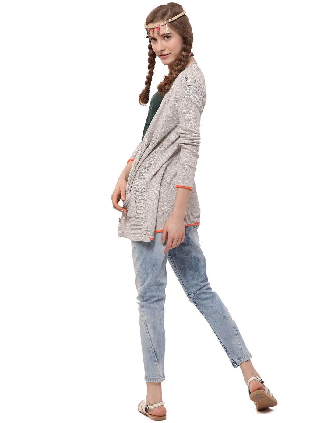 女款浅灰亚麻棉长开衫