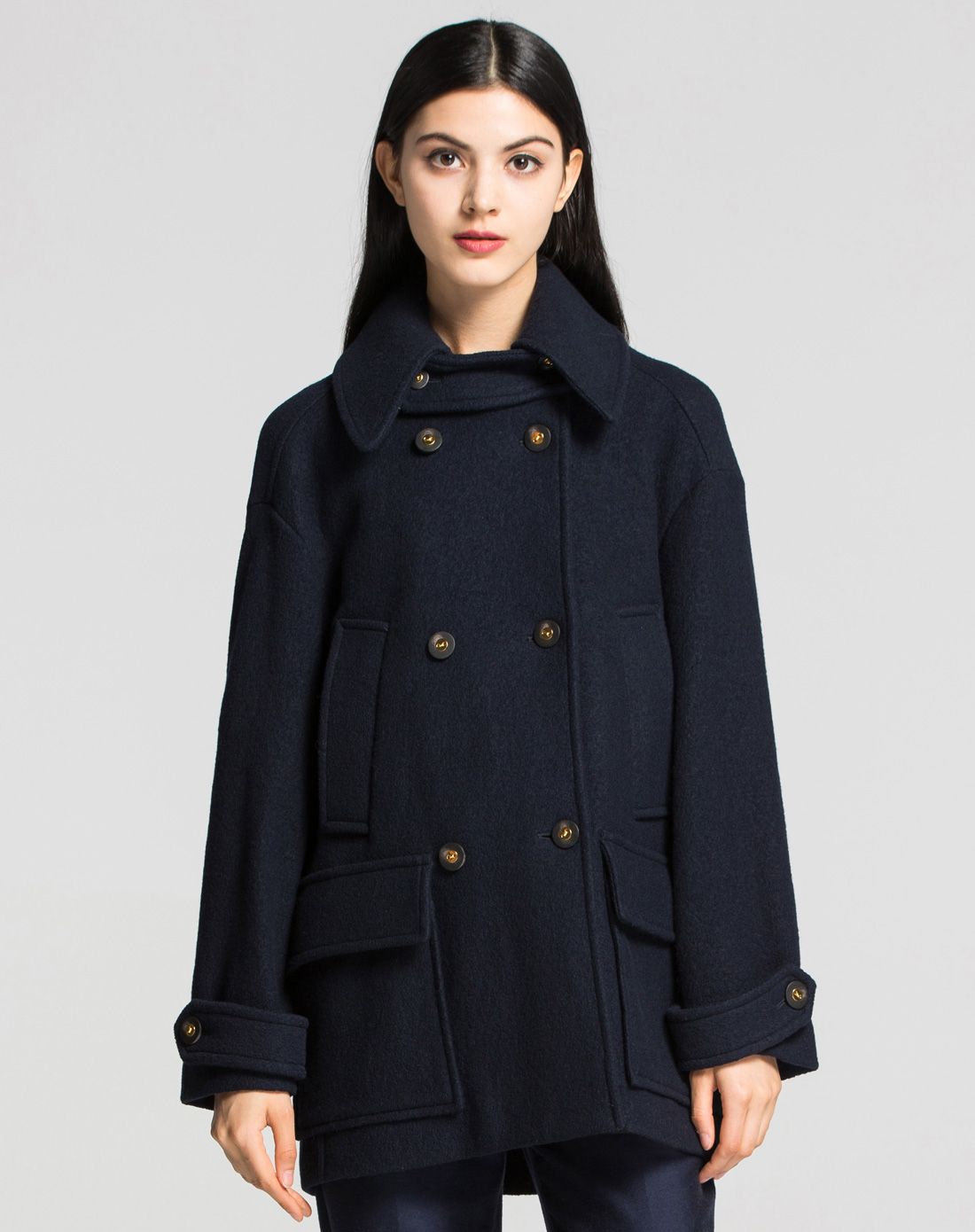 薇薏蔻iii viviniko深蓝双排扣100%羊毛大衣2429002129c43_唯品会