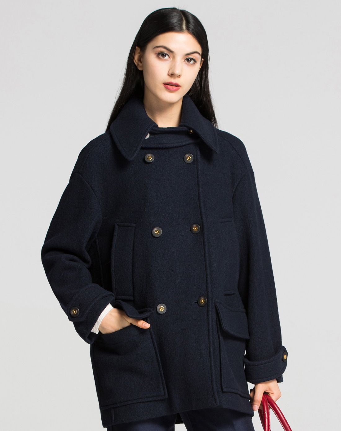 薇薏蔻iii viviniko深蓝双排扣100%羊毛大衣2429002129c43_唯品会