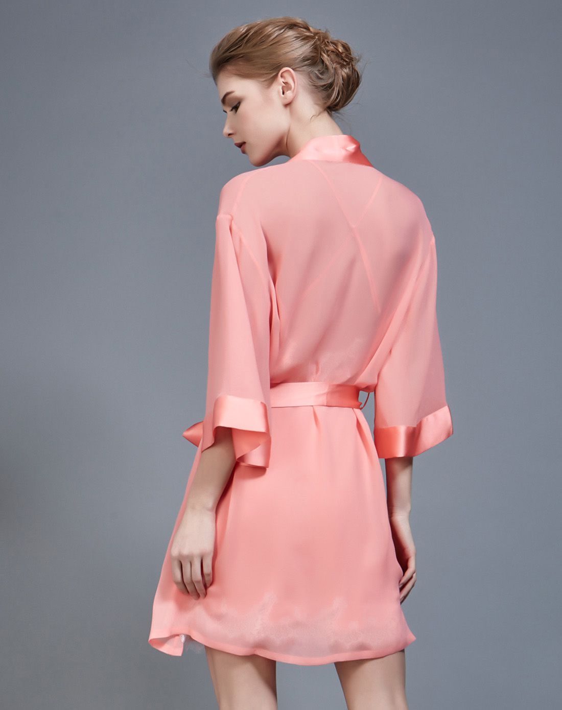 粉橘色高贵乔其真丝中袖睡袍