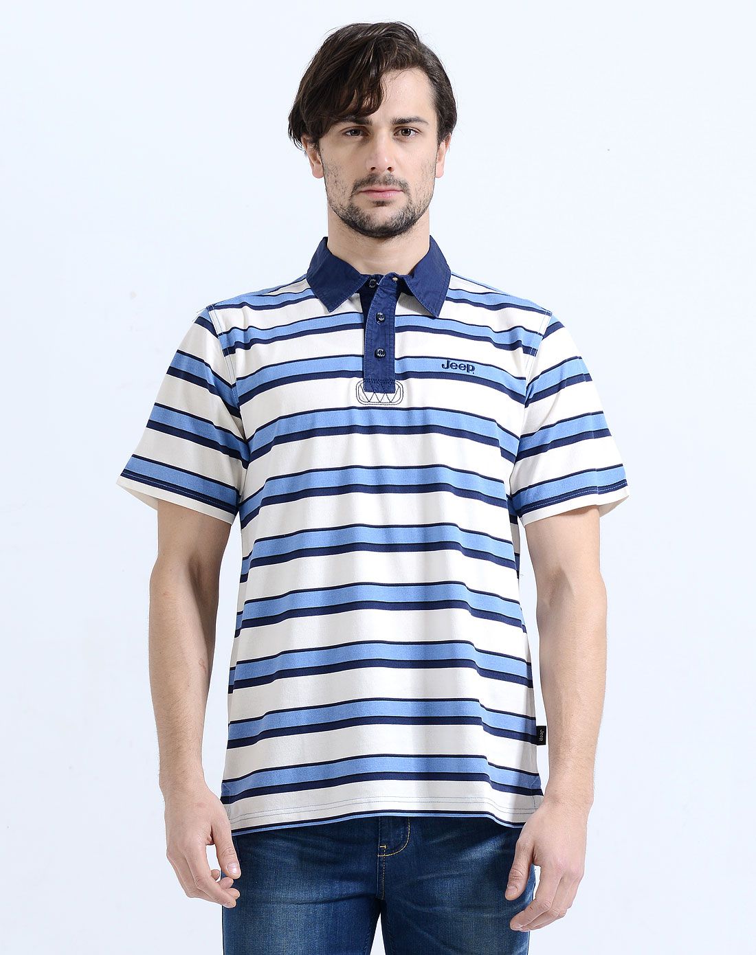 男款全棉休闲百搭横条短袖t恤蓝色