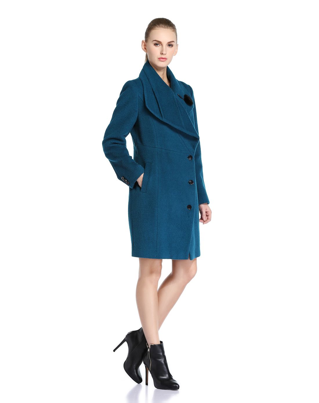 海蓝色淑女斯文简洁长袖中长款大衣