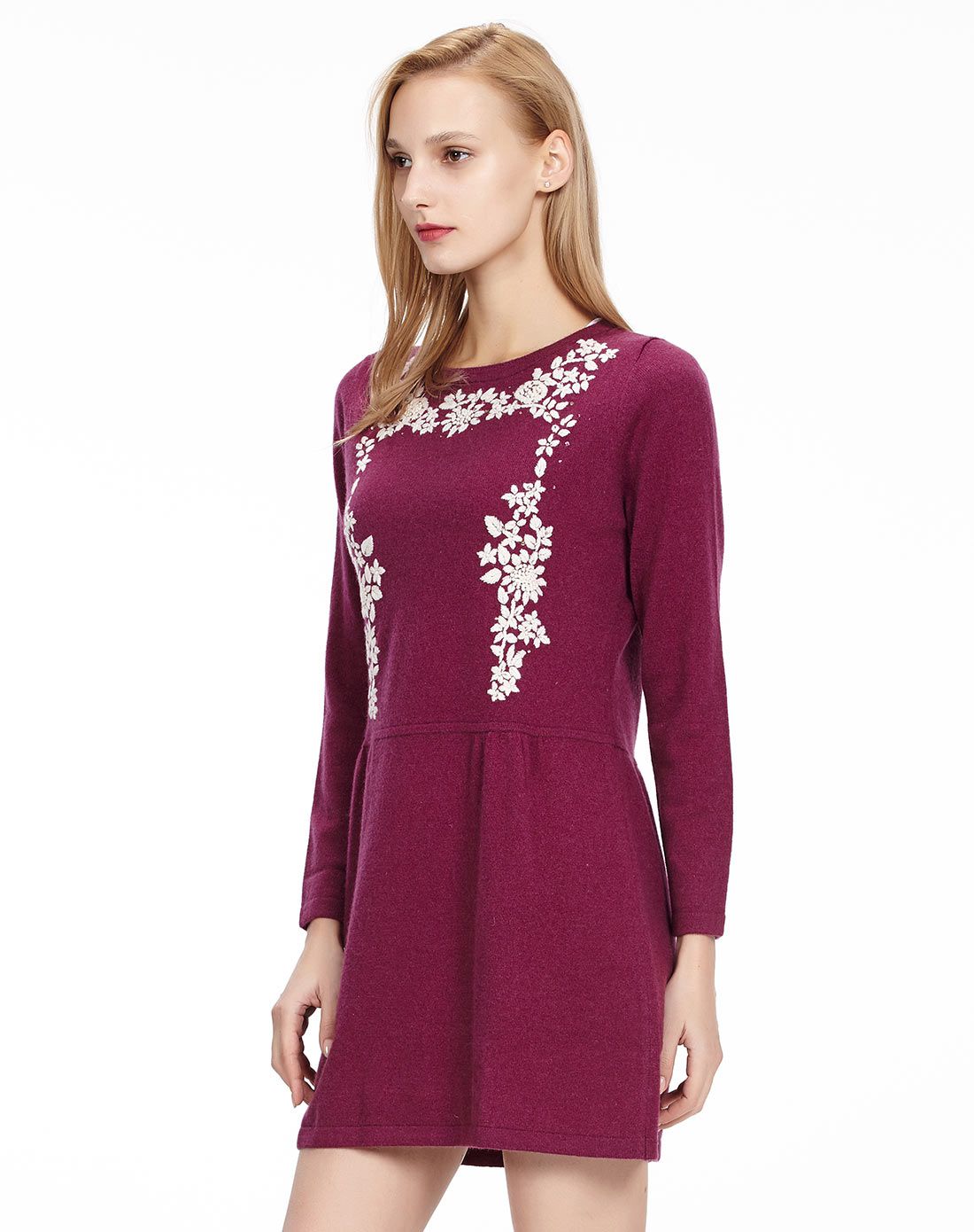 女士圆领紫色修身款羊绒连衣裙