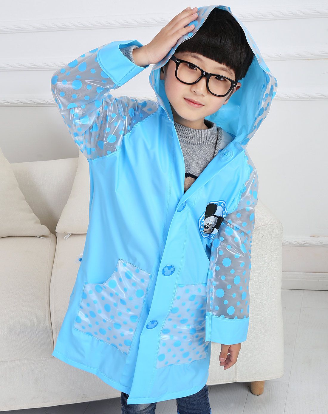 迪士尼男童蓝色卡通米奇儿童雨衣