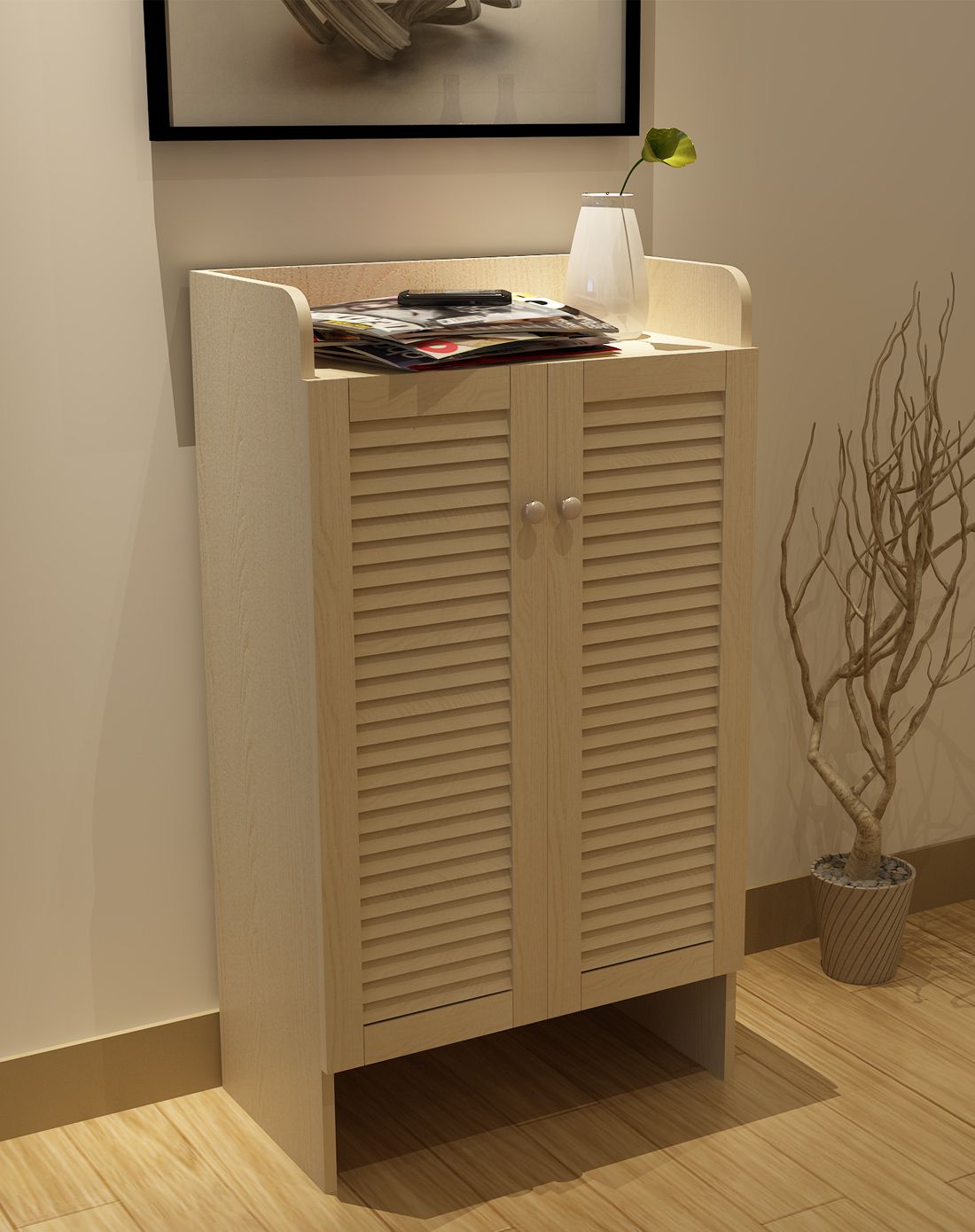 韩式白枫木色双门百叶鞋柜