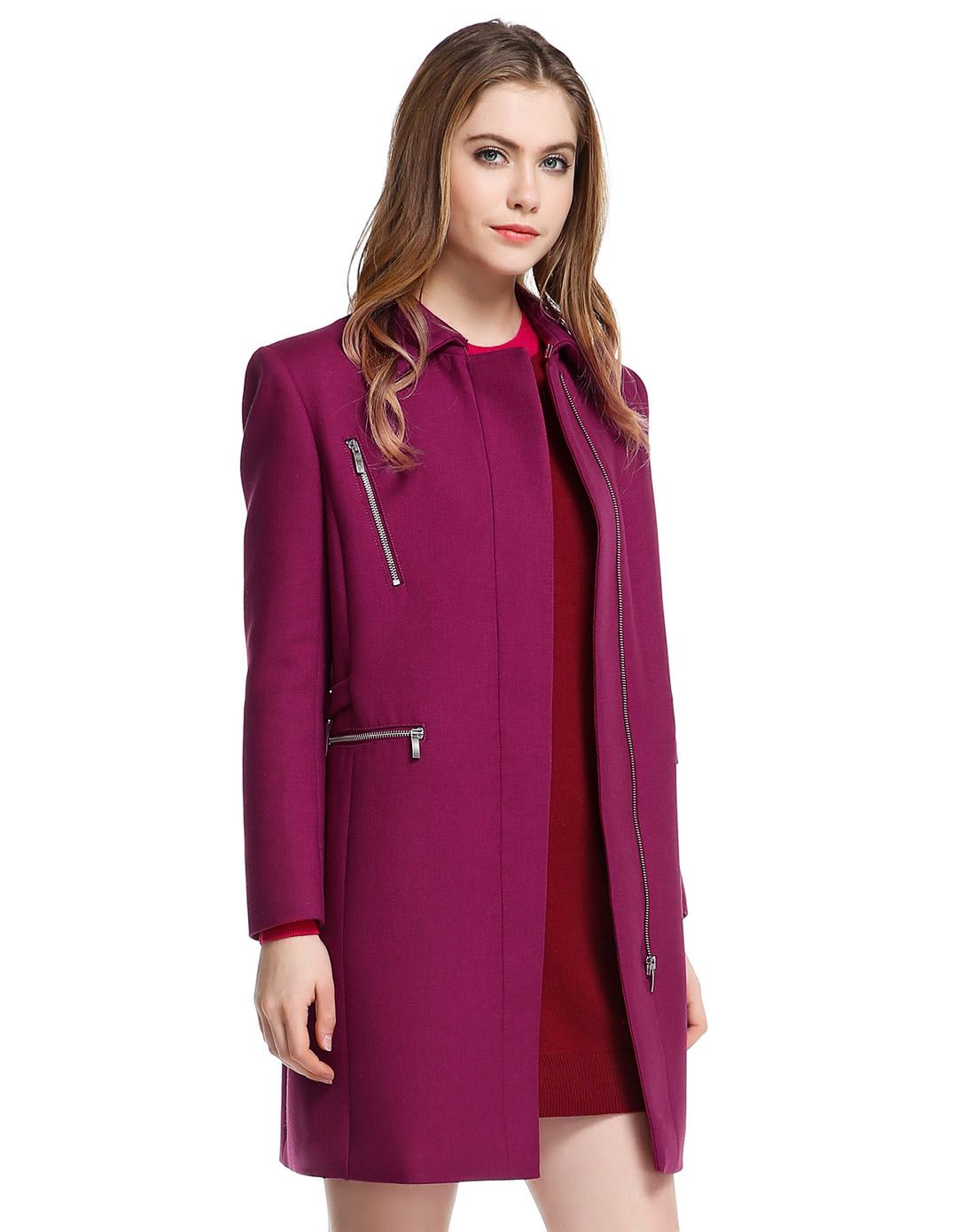 深玫红色简约经典长袖大衣