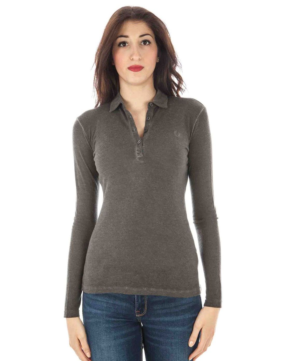 fred perry 女装灰褐色半开襟翻领长袖t恤