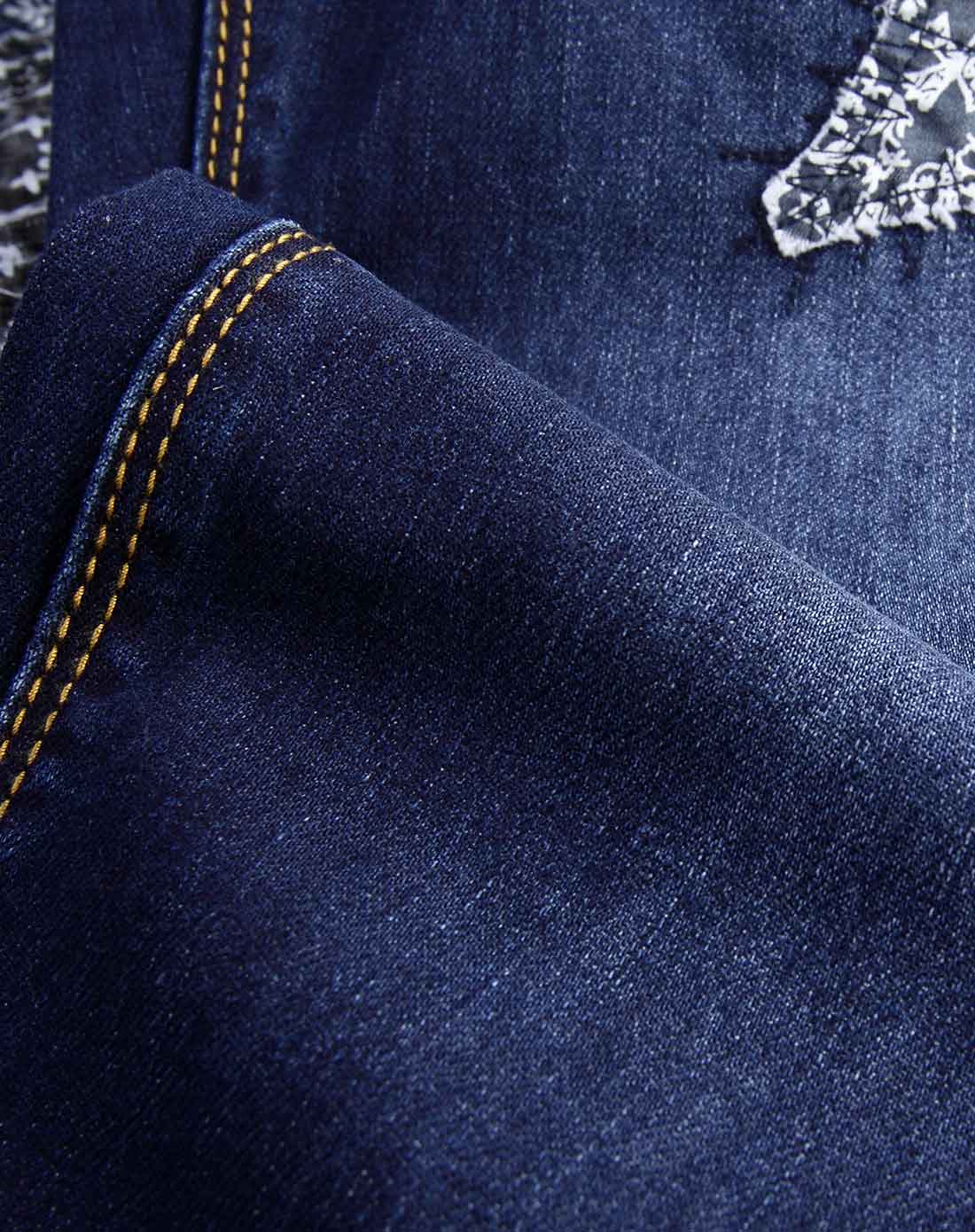 怀旧蓝民族补丁金典女款直筒裤