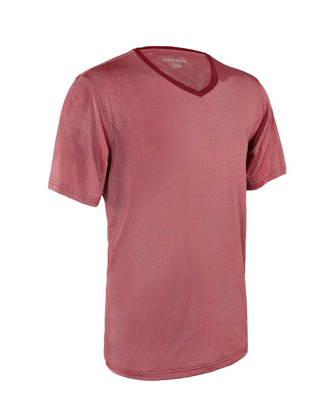 男款枣红超细锦纶透气居家细点v领t恤