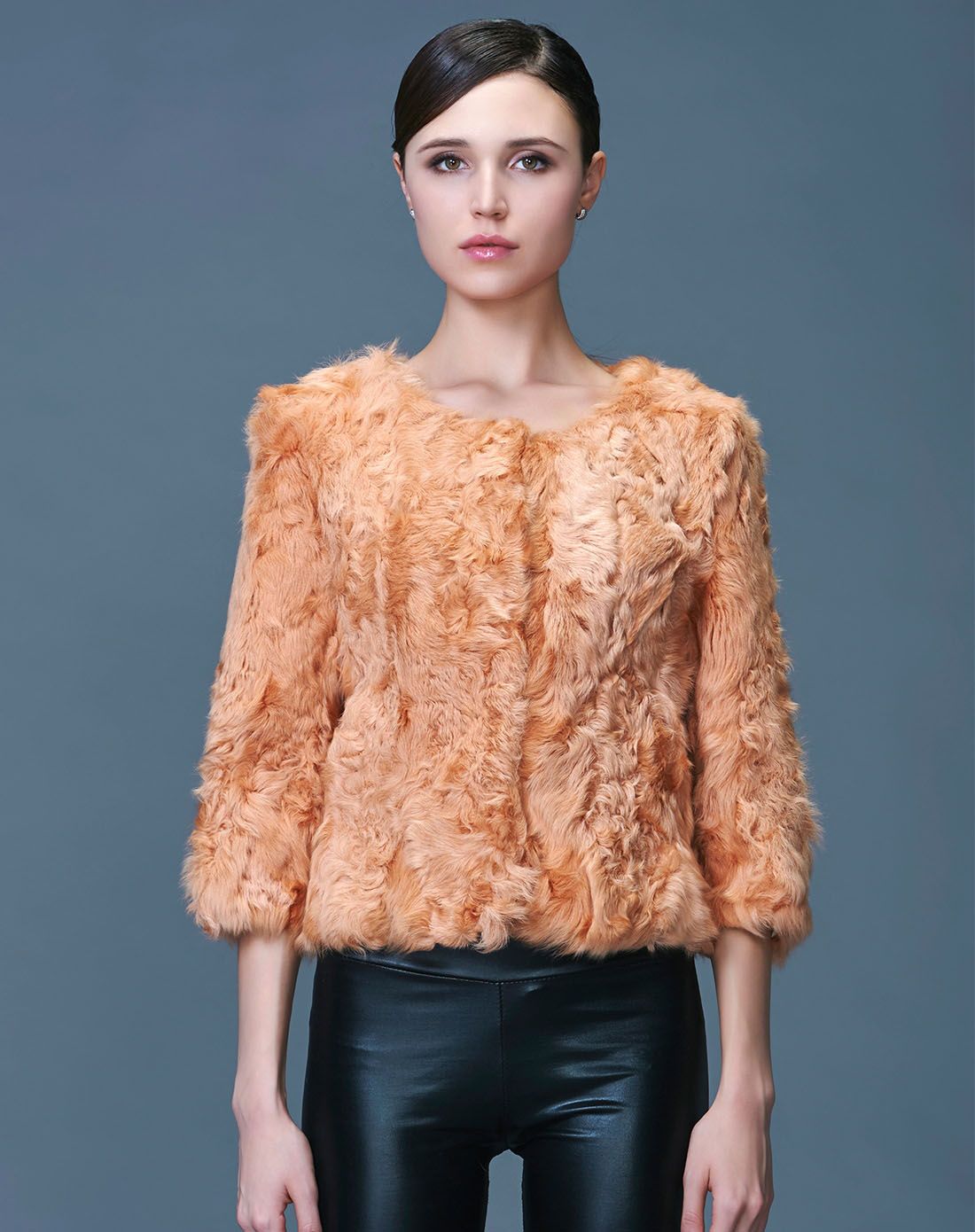 女款圆领基础款纯色羊毛皮草外套