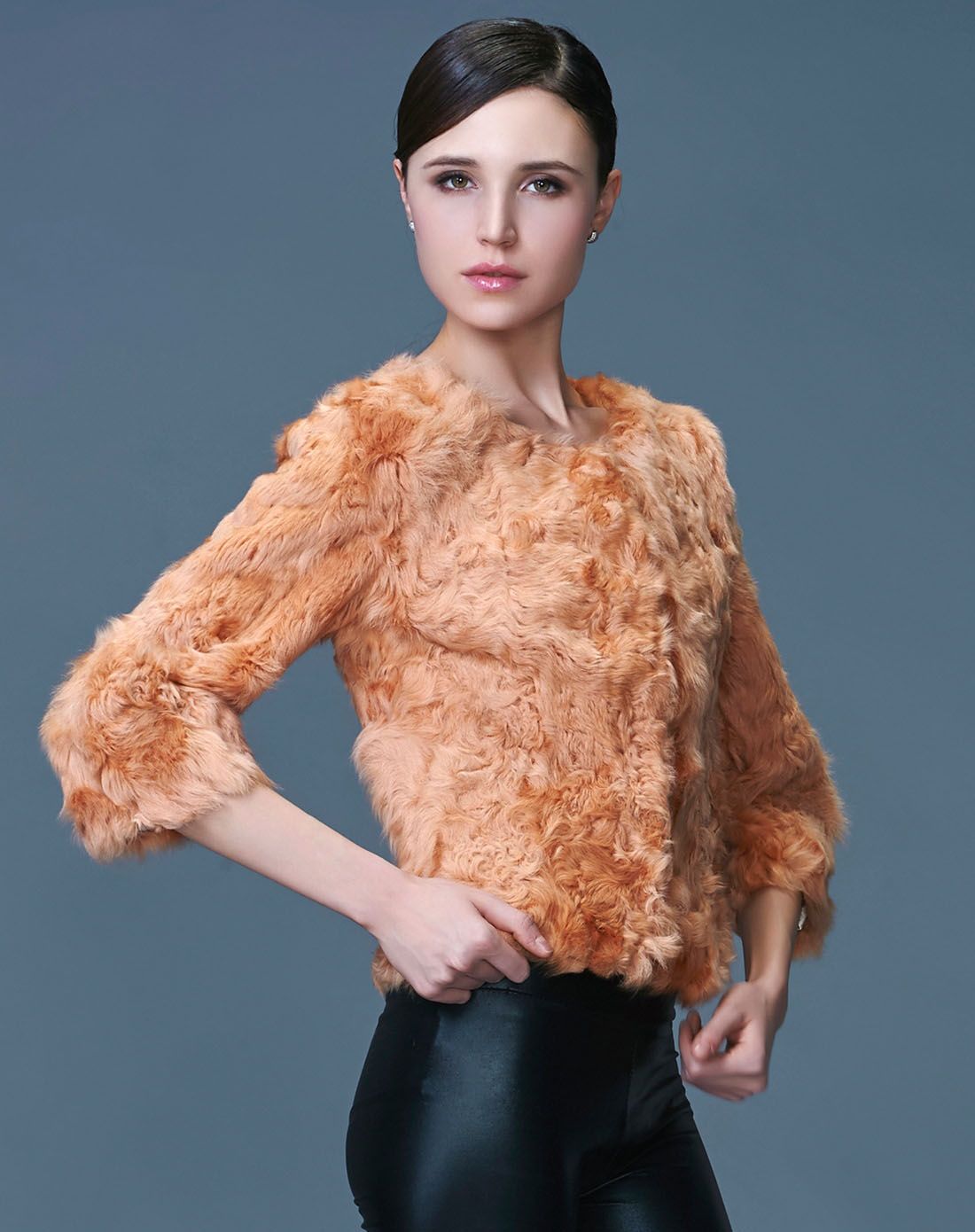 女款圆领基础款纯色羊毛皮草外套