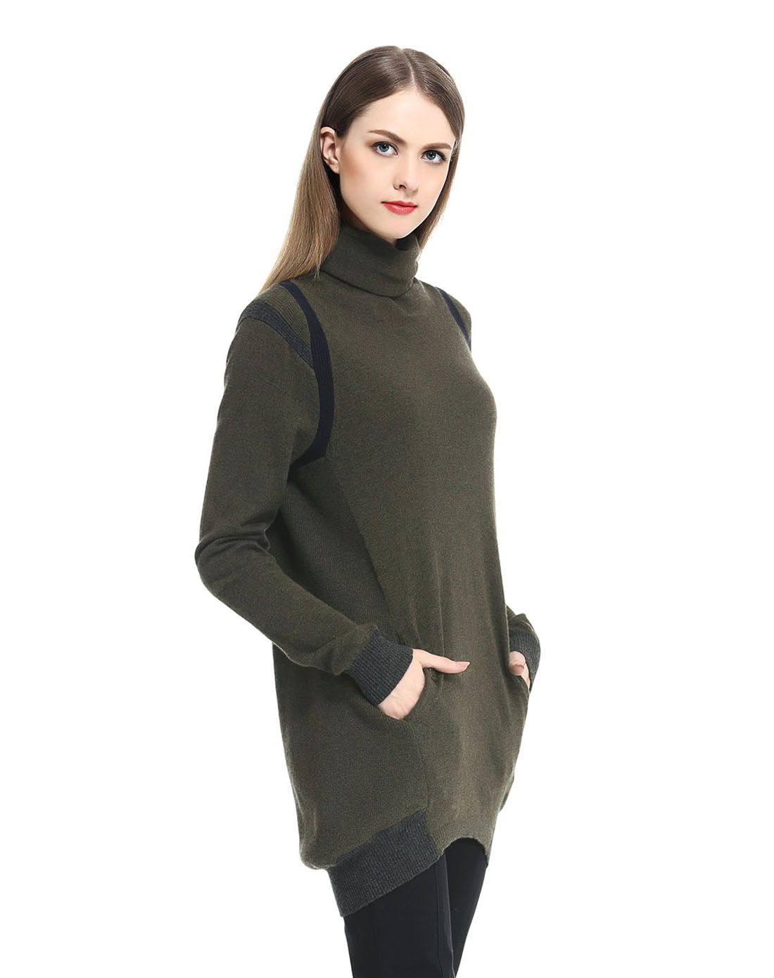 墨绿色100%羊毛时尚中长款高领长袖上衣