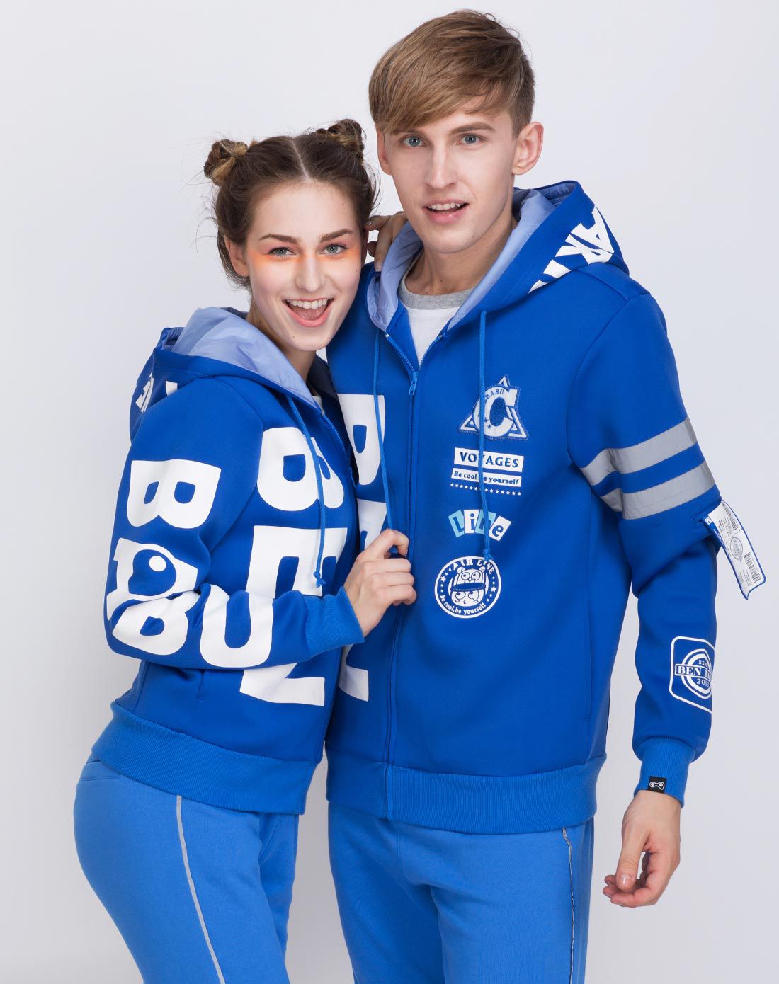 潮流指标男女服装连帽印花 中性款蓝色开胸卫衣外套5317051-43_唯品会