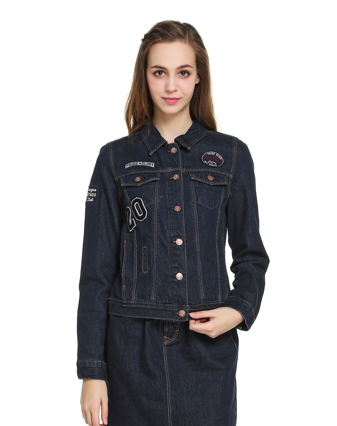 衣恋旗下plory男女装女款深蓝色欧美风翻领长袖短款牛仔外套pojk6