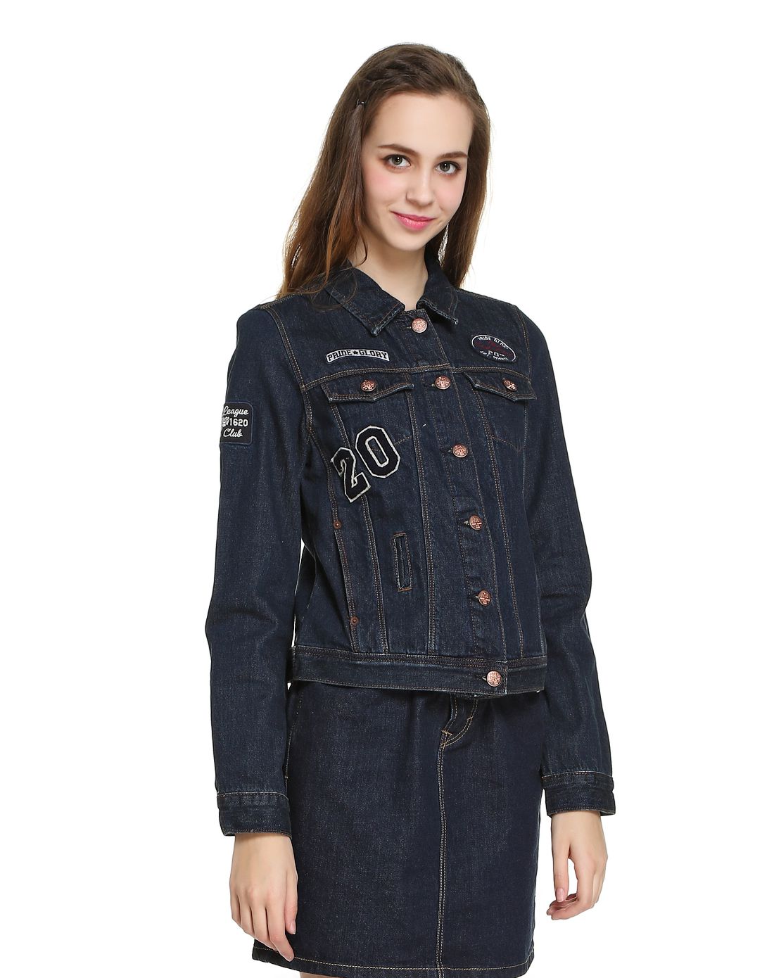 衣恋旗下plory男女装女款深蓝色欧美风翻领长袖短款牛仔外套pojk6