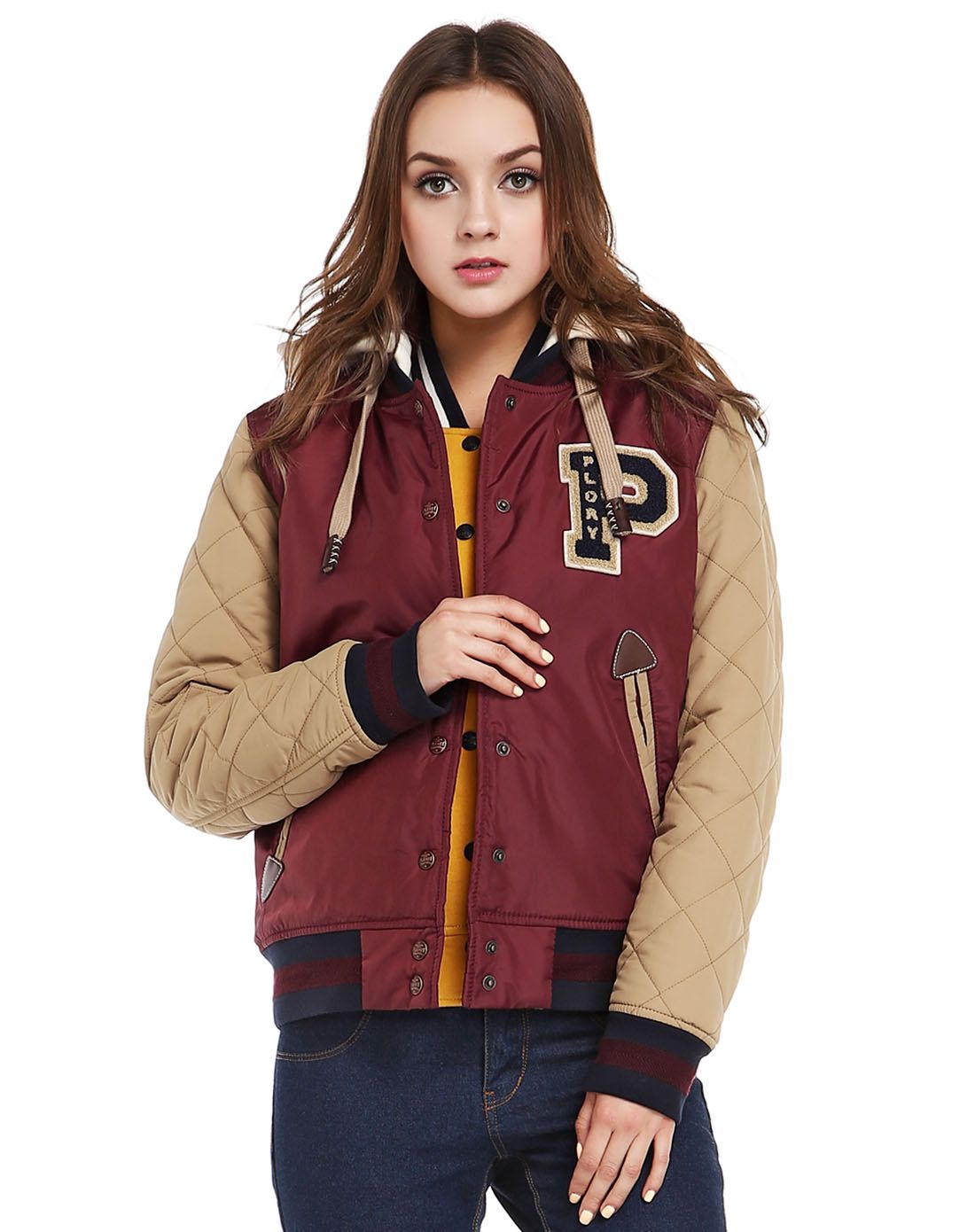 衣恋旗下plory男女装女款深红/卡其色连帽年轻百搭长袖棉服pojp68tf