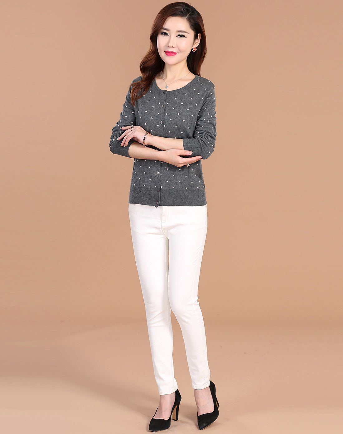 九牧莲jiumulian女款灰色小点桑蚕丝圆领针织小开衫38n957400_唯品会