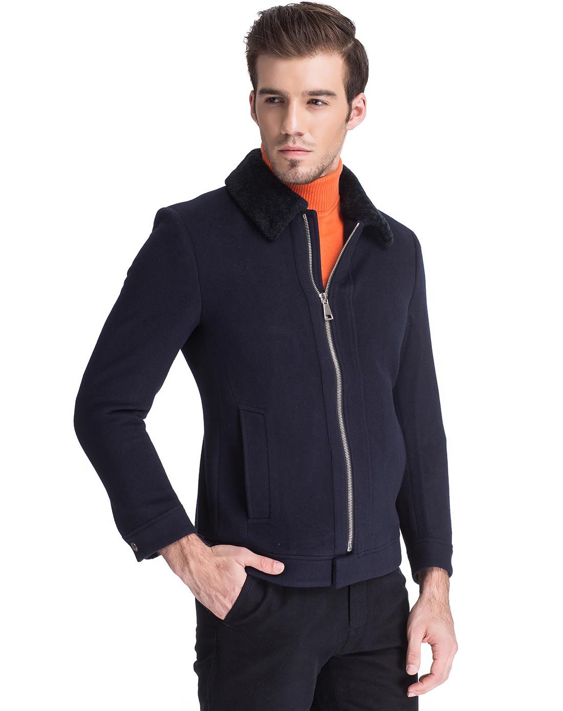 经典翻毛领便装款毛绒混纺商务休闲男装夹克