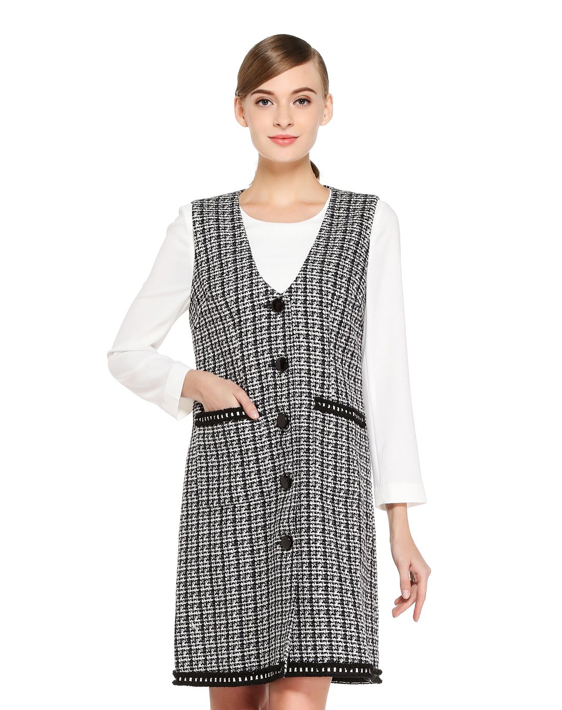 黑蓝/白色时尚织纹无袖长款外套