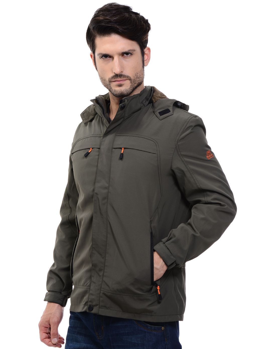 防风抗寒 男士军绿色冲锋衣 连帽