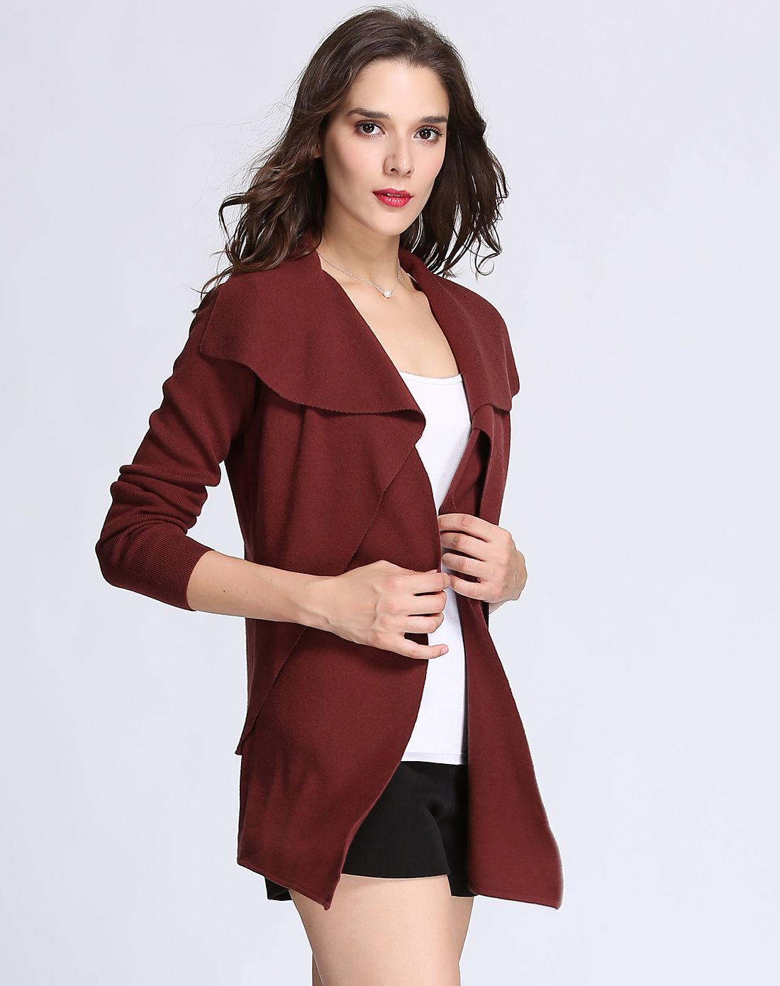 超细美丽诺羊毛红咖色时尚翻领外套