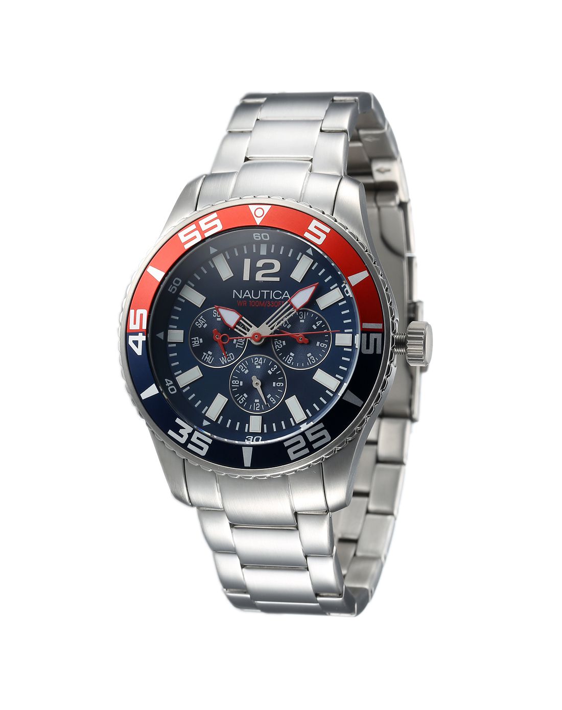 诺帝卡nautica男款银色钢带深蓝表盘多功能计时手表a15653g