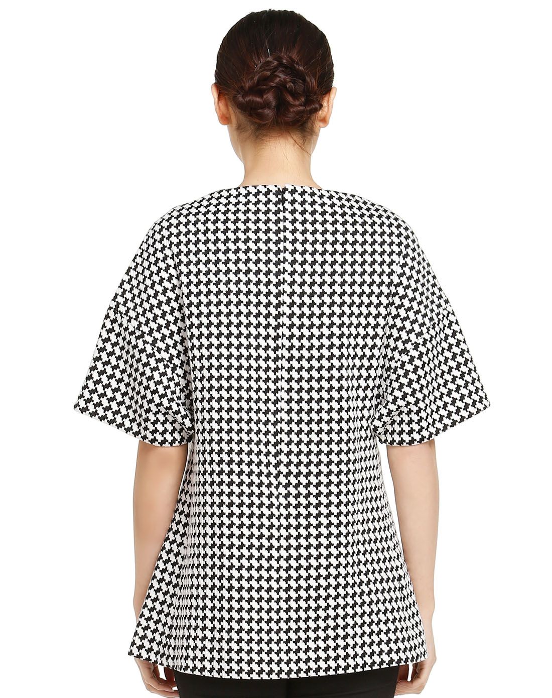 珂莱蒂尔koradior elsewhere女装专场 黑/白色提花时尚中袖上衣