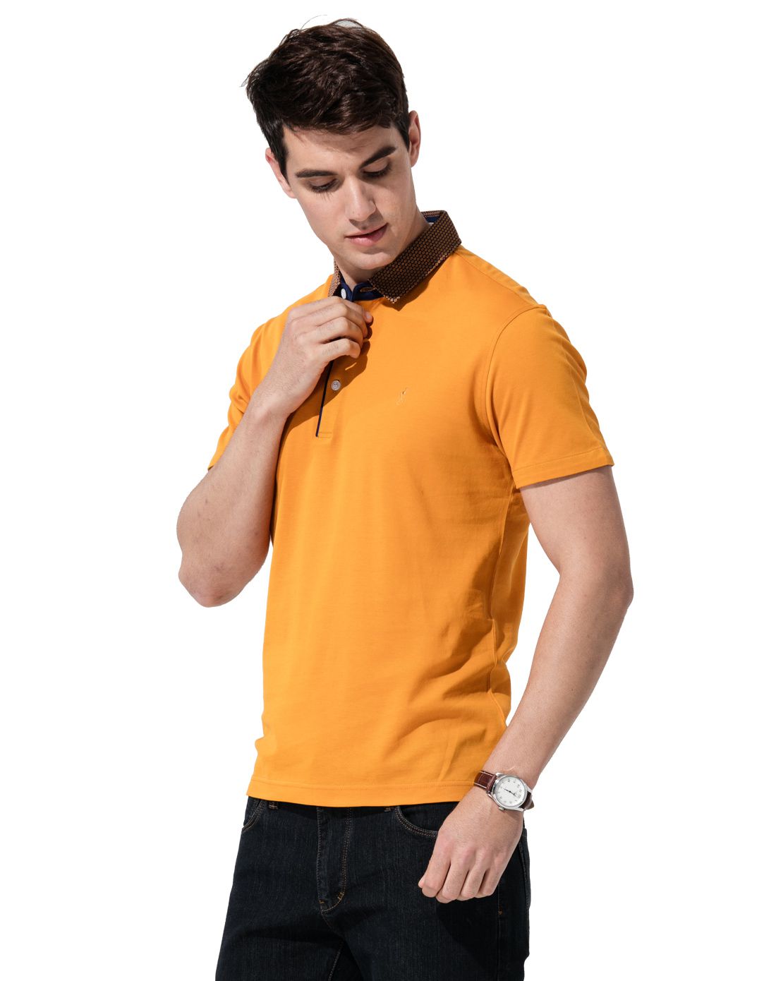 男装金黄色印花领净色商务简约短袖t恤