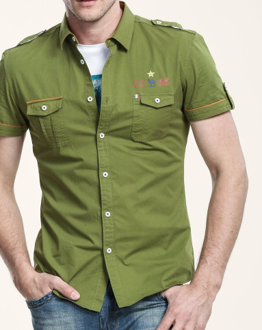 2016新品 时尚帅气硬汉 军绿色短袖衬衫