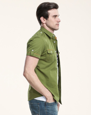 骆驼camel男装专场 2016新品 时尚帅气硬汉 军绿色短袖衬衫