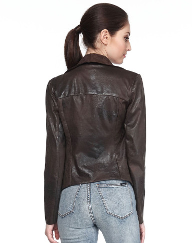 女士paulina春季薄款pu皮深巧克力色翻领修身夹克