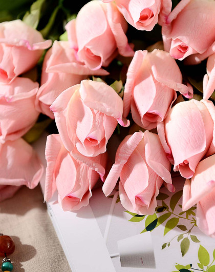 仿真花 手感过胶含苞情人玫瑰10支装 深粉色