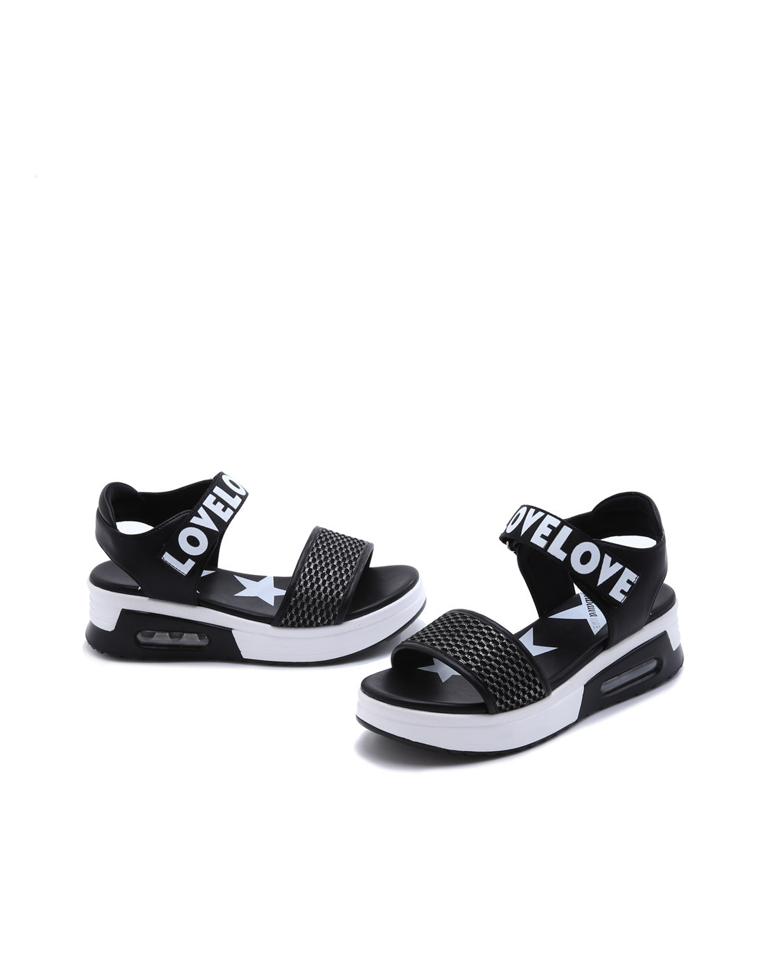 2016年新款黑色时尚魔术贴英文字母女士凉鞋