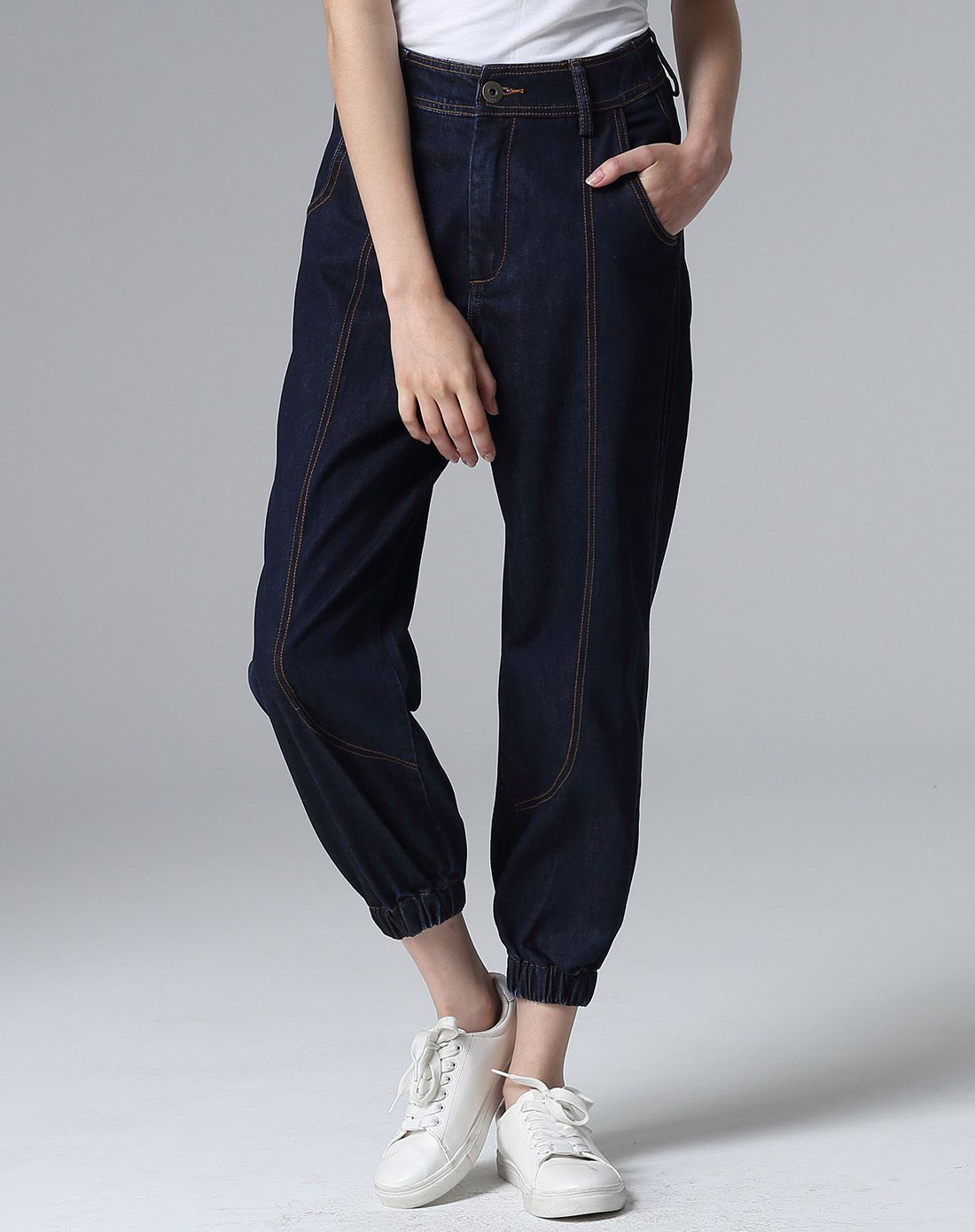 (2016新品)墨蓝运动风个性牛仔灯笼裤