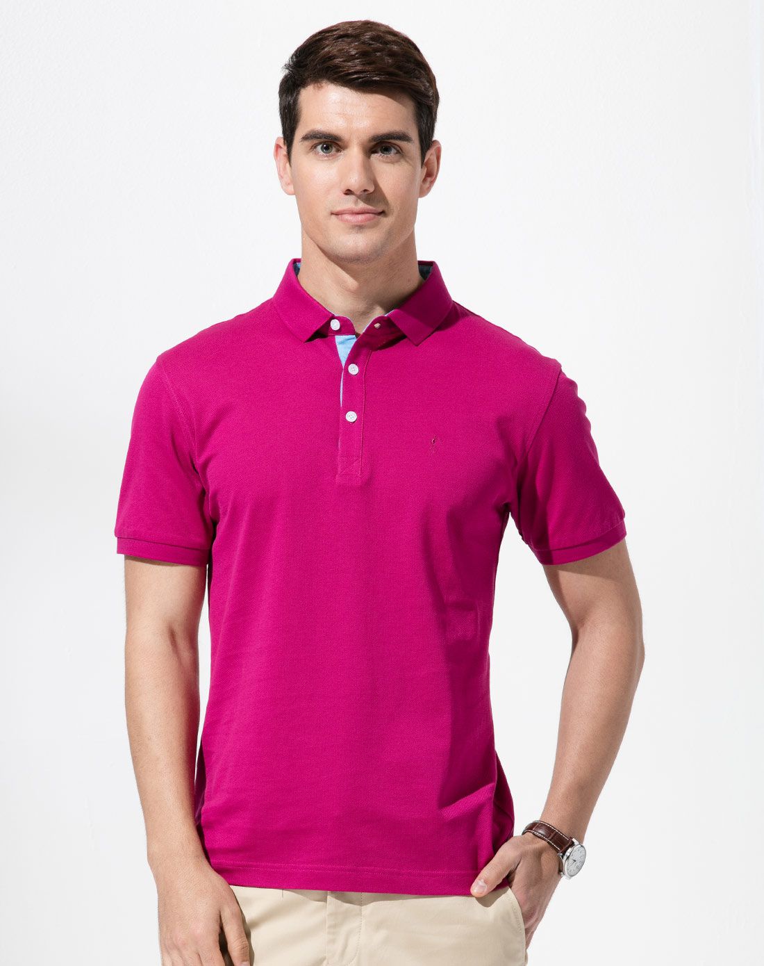 才子tries男装移动端专场(特惠)男装紫红色丝光棉时尚休闲短袖t恤8162