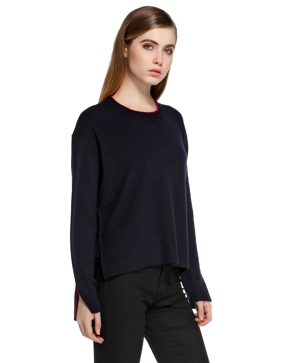 深藏蓝色简洁基本款前短后长长袖山羊绒衫