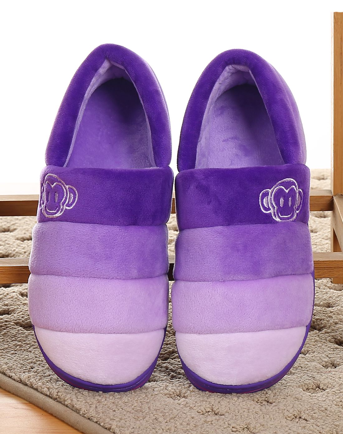 水木娃娃女款良品防滑居家渐变彩条毛口棉拖鞋1685(紫色-2码可选)