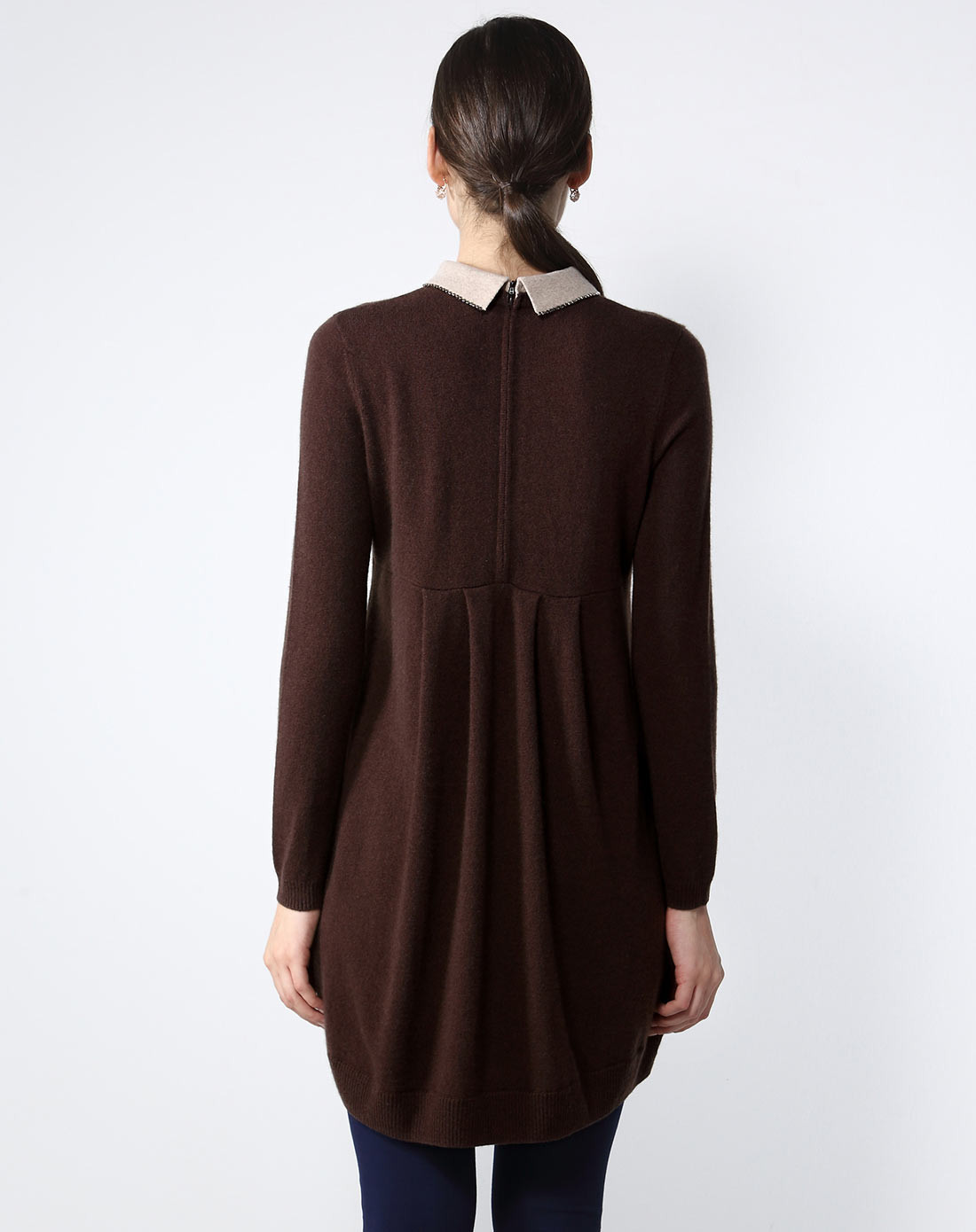 女式茶咖色翻领中长款羊绒衫