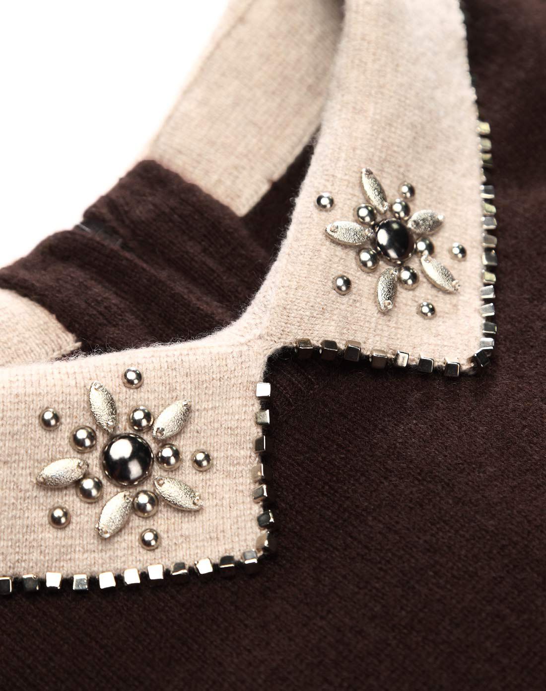 女式茶咖色翻领中长款羊绒衫