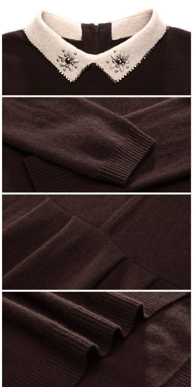 女式茶咖色翻领中长款羊绒衫