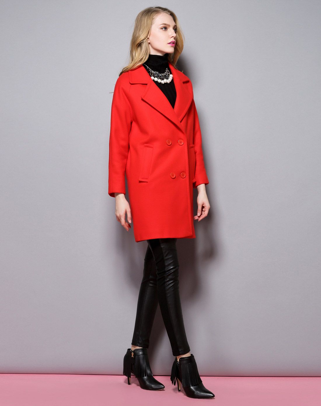 红色翻领欧美时尚羊毛大衣